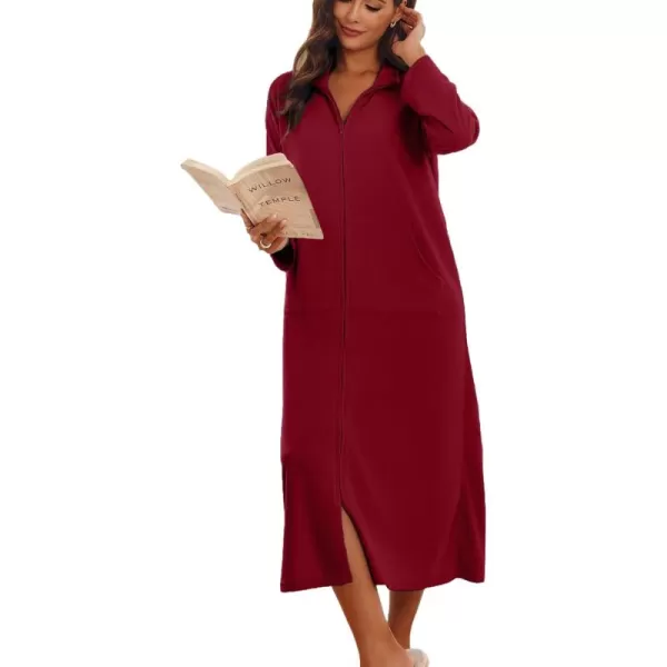 imageEkouaer Women Zipper Robe Long Sleeves House Coat Soft Bathrobe Sleepwear with Pockets Housecoat Loungewear SXXLWine Red