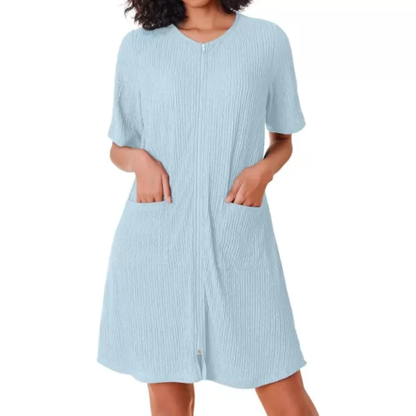 imageEkouaer Women Zipper Robes Knit Short Bathrobe Lightweight House Coat with Pockets Soft Nightgown 33XLLight Blue