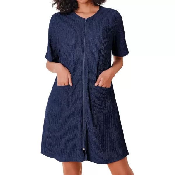 imageEkouaer Women Zipper Robes Knit Short Bathrobe Lightweight House Coat with Pockets Soft Nightgown 33XLNavy Blue