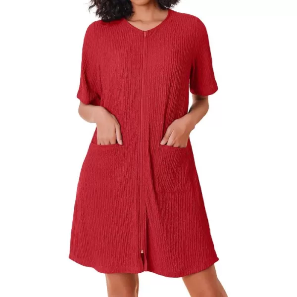 imageEkouaer Women Zipper Robes Knit Short Bathrobe Lightweight House Coat with Pockets Soft Nightgown 33XLRed