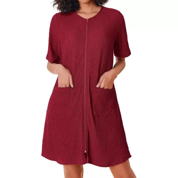 imageEkouaer Women Zipper Robes Knit Short Bathrobe Lightweight House Coat with Pockets Soft Nightgown 33XLWine Red