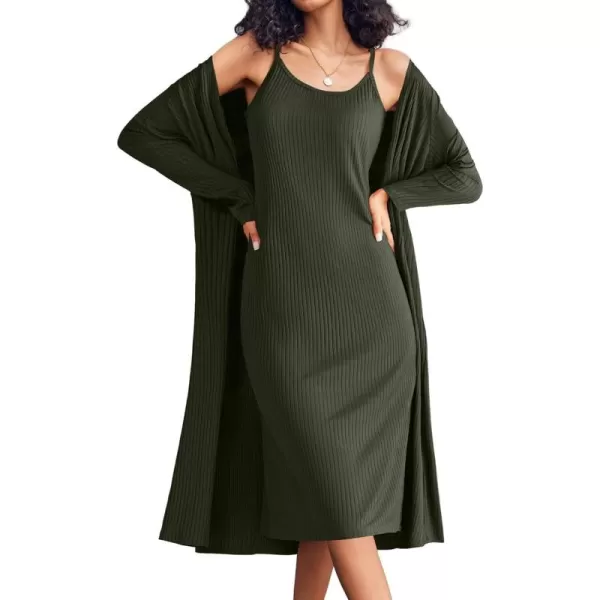 imageEkouaer Womens Knit Robe Set 2 Piece Nightgown with Robes Long Sleeves Lounge Sets with Pockets S 3XLArmy Green