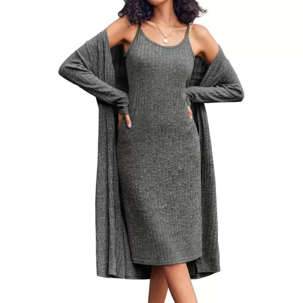 imageEkouaer Womens Knit Robe Set 2 Piece Nightgown with Robes Long Sleeves Lounge Sets with Pockets S 3XLBlack Gray