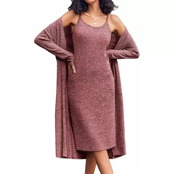 imageEkouaer Womens Knit Robe Set 2 Piece Nightgown with Robes Long Sleeves Lounge Sets with Pockets S 3XLBurgundy