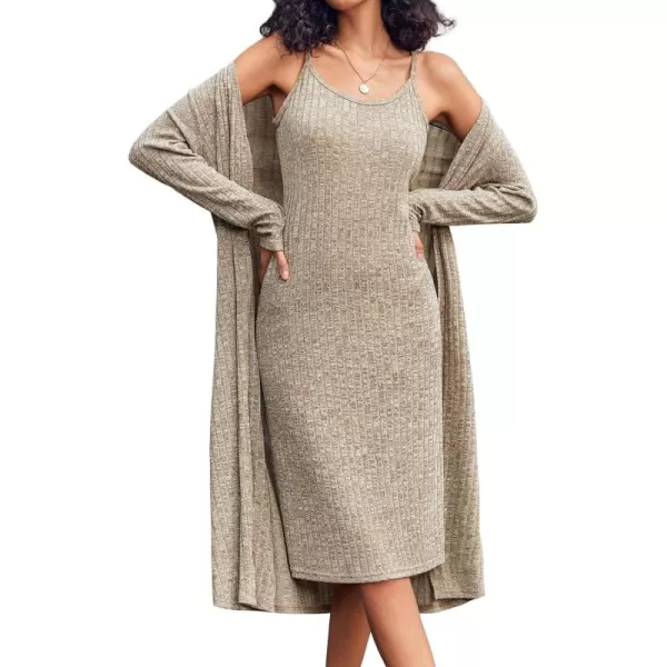 imageEkouaer Womens Knit Robe Set 2 Piece Nightgown with Robes Long Sleeves Lounge Sets with Pockets S 3XLCamel