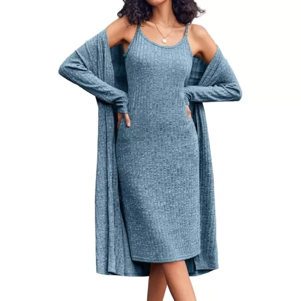 imageEkouaer Womens Knit Robe Set 2 Piece Nightgown with Robes Long Sleeves Lounge Sets with Pockets S 3XLDark Blue