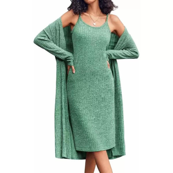 imageEkouaer Womens Knit Robe Set 2 Piece Nightgown with Robes Long Sleeves Lounge Sets with Pockets S 3XLGray Green