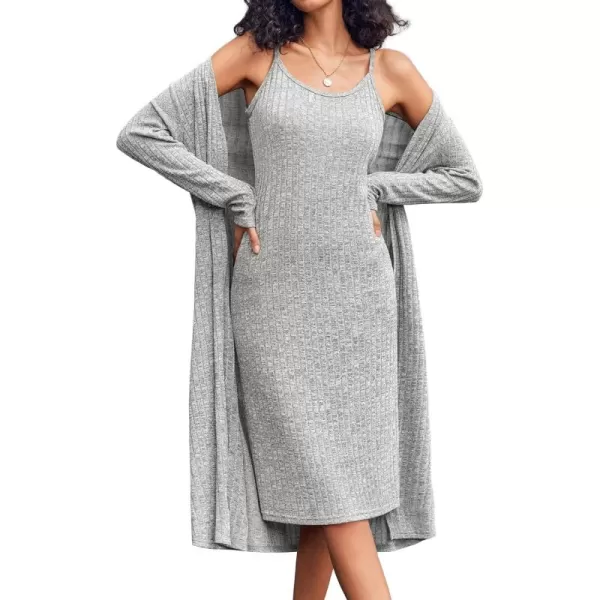 imageEkouaer Womens Knit Robe Set 2 Piece Nightgown with Robes Long Sleeves Lounge Sets with Pockets S 3XLLight Gray