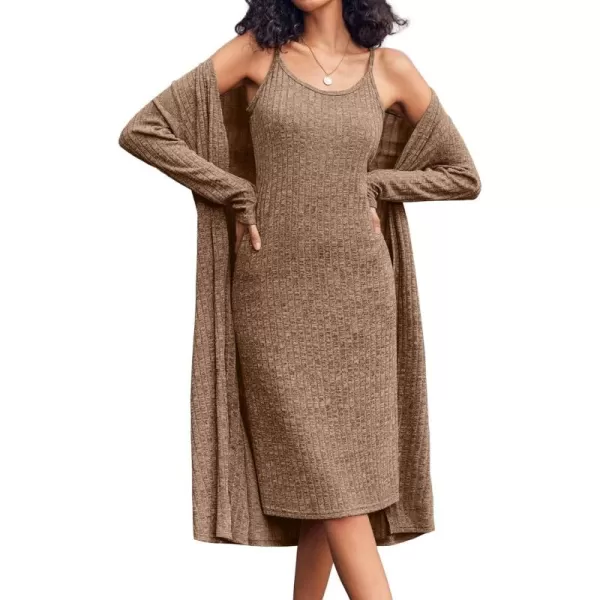 imageEkouaer Womens Knit Robe Set 2 Piece Nightgown with Robes Long Sleeves Lounge Sets with Pockets S 3XLMocha Brown