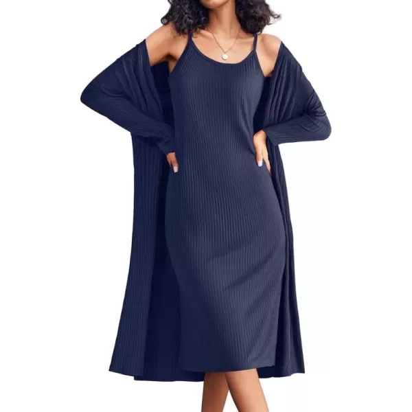 imageEkouaer Womens Knit Robe Set 2 Piece Nightgown with Robes Long Sleeves Lounge Sets with Pockets S 3XLNavy Blue