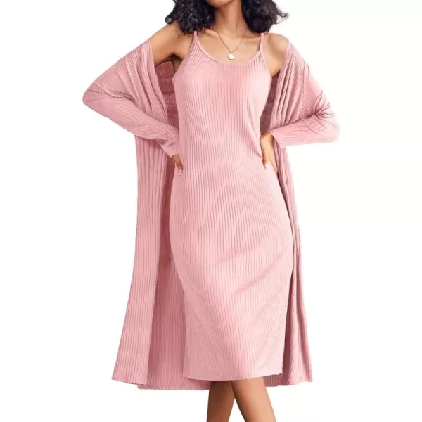 imageEkouaer Womens Knit Robe Set 2 Piece Nightgown with Robes Long Sleeves Lounge Sets with Pockets S 3XLPink