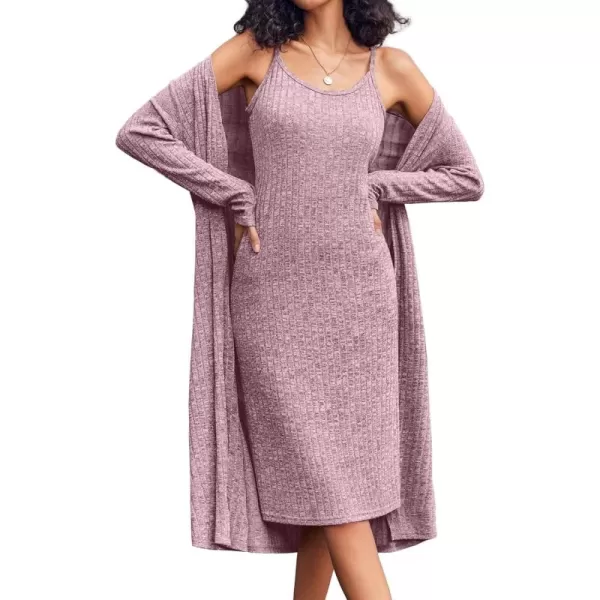 imageEkouaer Womens Knit Robe Set 2 Piece Nightgown with Robes Long Sleeves Lounge Sets with Pockets S 3XLPurple