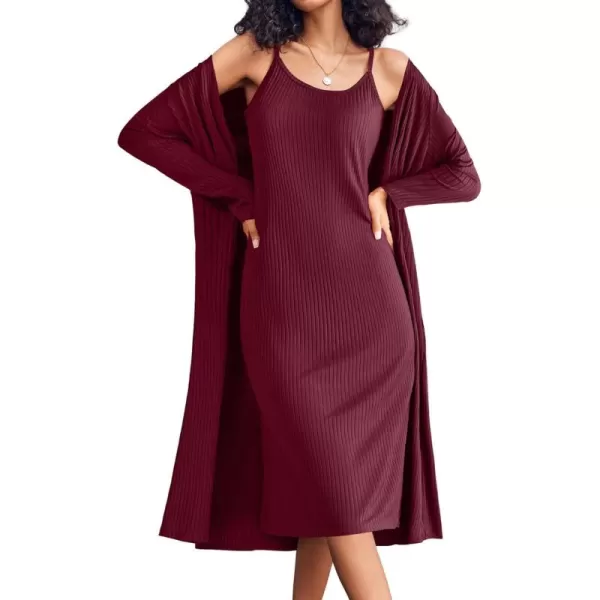 imageEkouaer Womens Knit Robe Set 2 Piece Nightgown with Robes Long Sleeves Lounge Sets with Pockets S 3XLWine Red