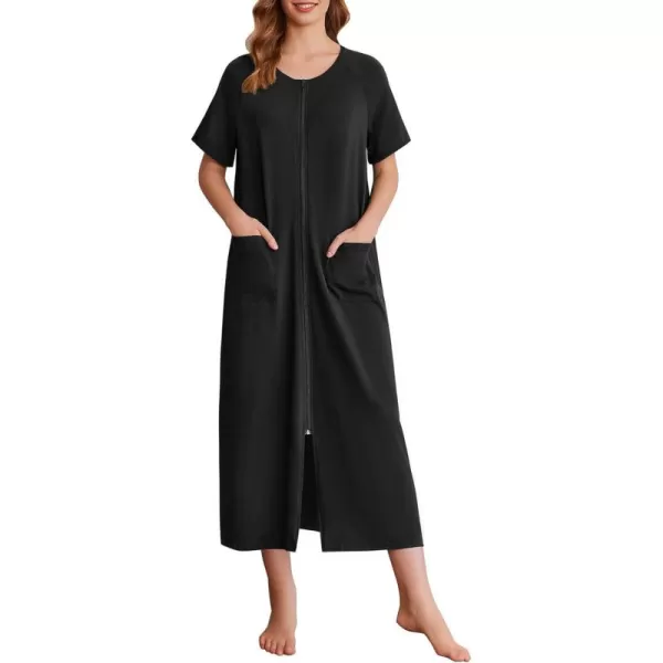 imageEkouaer Womens Zipper Robes Full Length Short Sleeve Housecoats House Dress with Pockets Loungewear Nightgown S4XLBlack