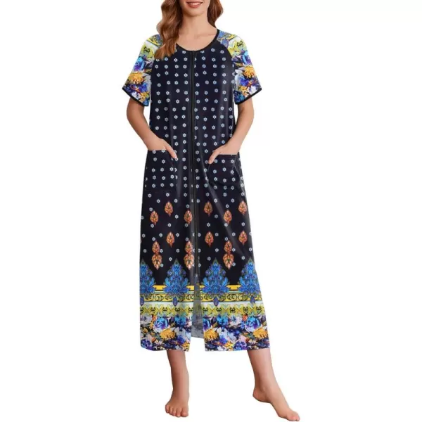 imageEkouaer Womens Zipper Robes Full Length Short Sleeve Housecoats House Dress with Pockets Loungewear Nightgown S4XLBlue Flower