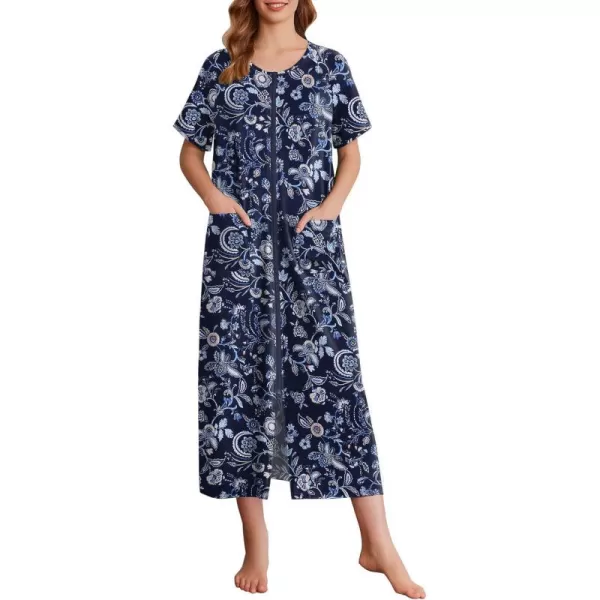 imageEkouaer Womens Zipper Robes Full Length Short Sleeve Housecoats House Dress with Pockets Loungewear Nightgown S4XLDark Blue Flower