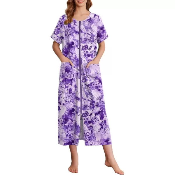 imageEkouaer Womens Zipper Robes Full Length Short Sleeve Housecoats House Dress with Pockets Loungewear Nightgown S4XLPurple Flower