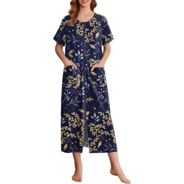 imageEkouaer Womens Zipper Robes Full Length Short Sleeve Housecoats House Dress with Pockets Loungewear Nightgown S4XLYellow Leaves