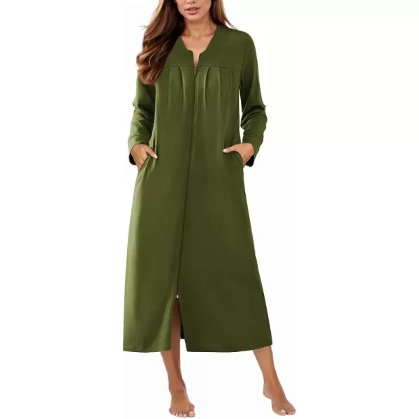 imageEkouaer Zipper Robes for Women Long Knit Bathrobes Lightweight Full Length Housecoat with Pockets Loungewear NightgownArmy Green