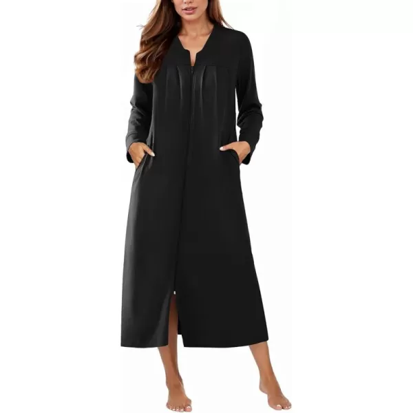 imageEkouaer Zipper Robes for Women Long Knit Bathrobes Lightweight Full Length Housecoat with Pockets Loungewear NightgownBlack