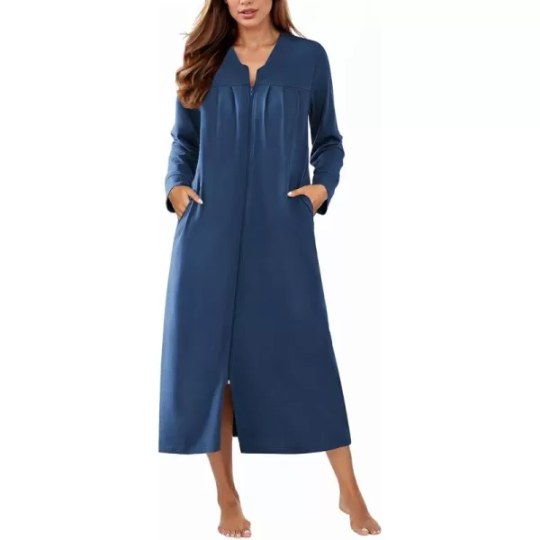 imageEkouaer Zipper Robes for Women Long Knit Bathrobes Lightweight Full Length Housecoat with Pockets Loungewear NightgownBlue