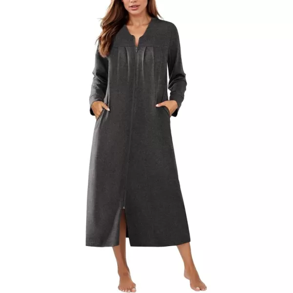 imageEkouaer Zipper Robes for Women Long Knit Bathrobes Lightweight Full Length Housecoat with Pockets Loungewear NightgownDeep Gray