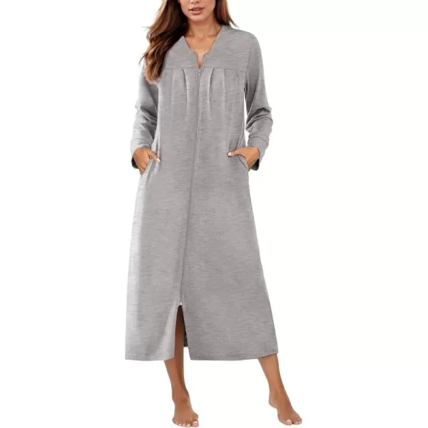 imageEkouaer Zipper Robes for Women Long Knit Bathrobes Lightweight Full Length Housecoat with Pockets Loungewear NightgownLight Gray