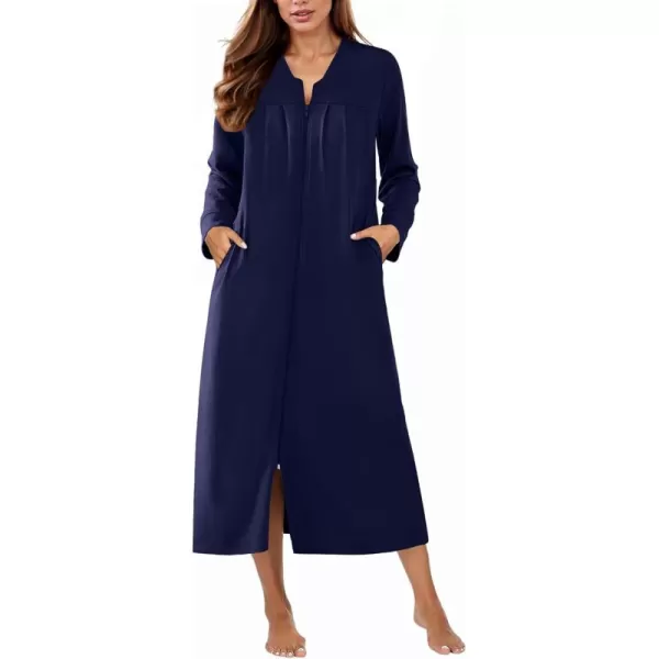 imageEkouaer Zipper Robes for Women Long Knit Bathrobes Lightweight Full Length Housecoat with Pockets Loungewear NightgownNavy Blue