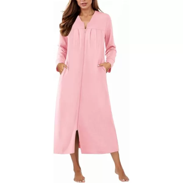 imageEkouaer Zipper Robes for Women Long Knit Bathrobes Lightweight Full Length Housecoat with Pockets Loungewear NightgownPink