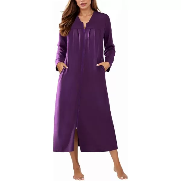 imageEkouaer Zipper Robes for Women Long Knit Bathrobes Lightweight Full Length Housecoat with Pockets Loungewear NightgownPurple