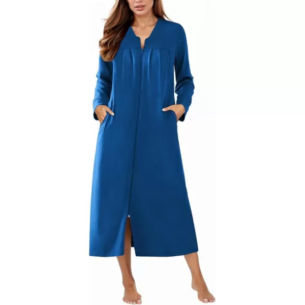 imageEkouaer Zipper Robes for Women Long Knit Bathrobes Lightweight Full Length Housecoat with Pockets Loungewear NightgownSnorkel Blue