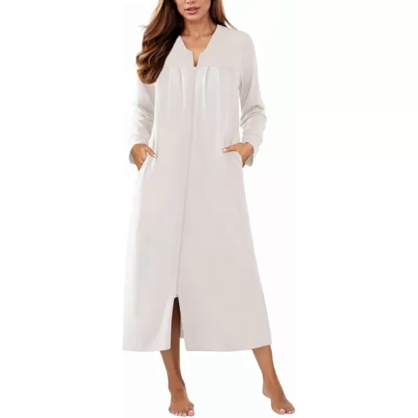 imageEkouaer Zipper Robes for Women Long Knit Bathrobes Lightweight Full Length Housecoat with Pockets Loungewear NightgownWhite