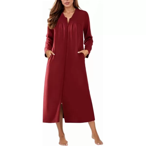 imageEkouaer Zipper Robes for Women Long Knit Bathrobes Lightweight Full Length Housecoat with Pockets Loungewear NightgownWine Red