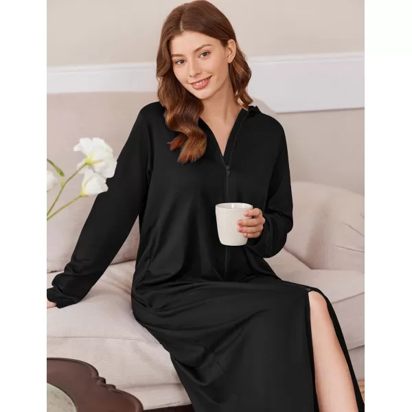 imageEkouaer Robe for Women Zipper Robe Loungewear Full Length Sleepwear Pockets Housecoat Casual Straight Robe SXXLBlack