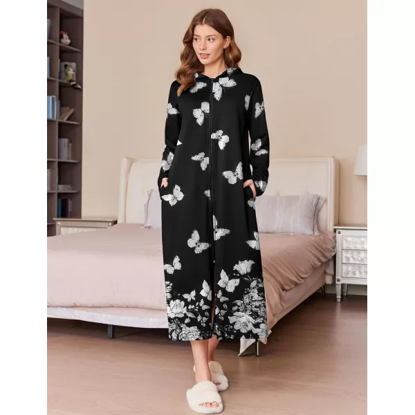 imageEkouaer Robe for Women Zipper Robe Loungewear Full Length Sleepwear Pockets Housecoat Casual Straight Robe SXXLBlack Butterfly Flower