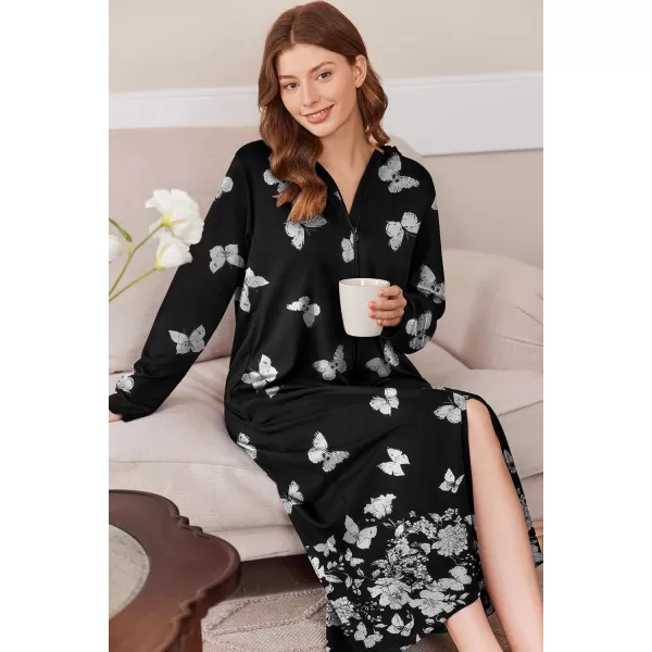 imageEkouaer Robe for Women Zipper Robe Loungewear Full Length Sleepwear Pockets Housecoat Casual Straight Robe SXXLBlack Butterfly Flower