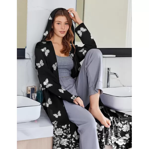 imageEkouaer Robe for Women Zipper Robe Loungewear Full Length Sleepwear Pockets Housecoat Casual Straight Robe SXXLBlack Butterfly Flower