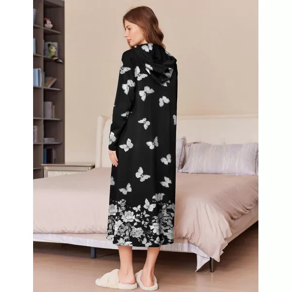 imageEkouaer Robe for Women Zipper Robe Loungewear Full Length Sleepwear Pockets Housecoat Casual Straight Robe SXXLBlack Butterfly Flower