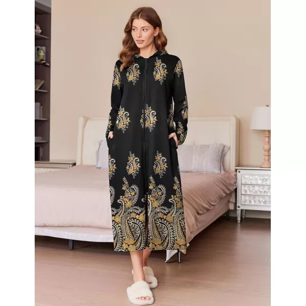 imageEkouaer Robe for Women Zipper Robe Loungewear Full Length Sleepwear Pockets Housecoat Casual Straight Robe SXXLBlack Gold Flower