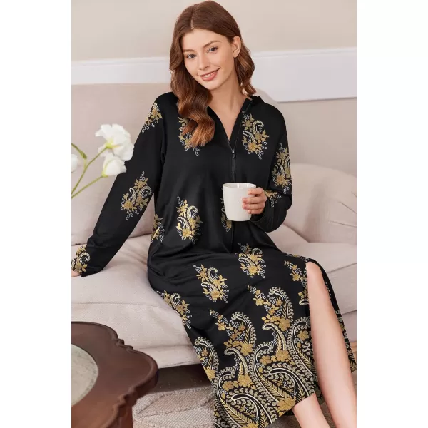 imageEkouaer Robe for Women Zipper Robe Loungewear Full Length Sleepwear Pockets Housecoat Casual Straight Robe SXXLBlack Gold Flower