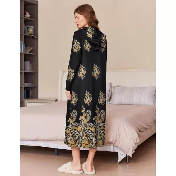 imageEkouaer Robe for Women Zipper Robe Loungewear Full Length Sleepwear Pockets Housecoat Casual Straight Robe SXXLBlack Gold Flower
