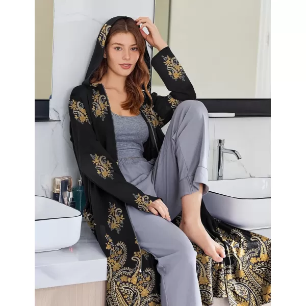 imageEkouaer Robe for Women Zipper Robe Loungewear Full Length Sleepwear Pockets Housecoat Casual Straight Robe SXXLBlack Gold Flower
