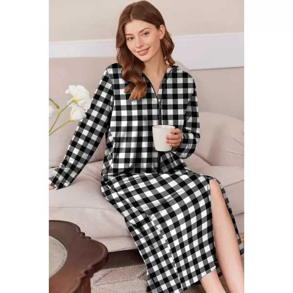 imageEkouaer Robe for Women Zipper Robe Loungewear Full Length Sleepwear Pockets Housecoat Casual Straight Robe SXXLBlack White Plaid