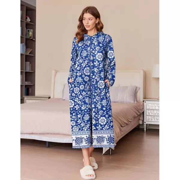 imageEkouaer Robe for Women Zipper Robe Loungewear Full Length Sleepwear Pockets Housecoat Casual Straight Robe SXXLBlueWhite Flowers