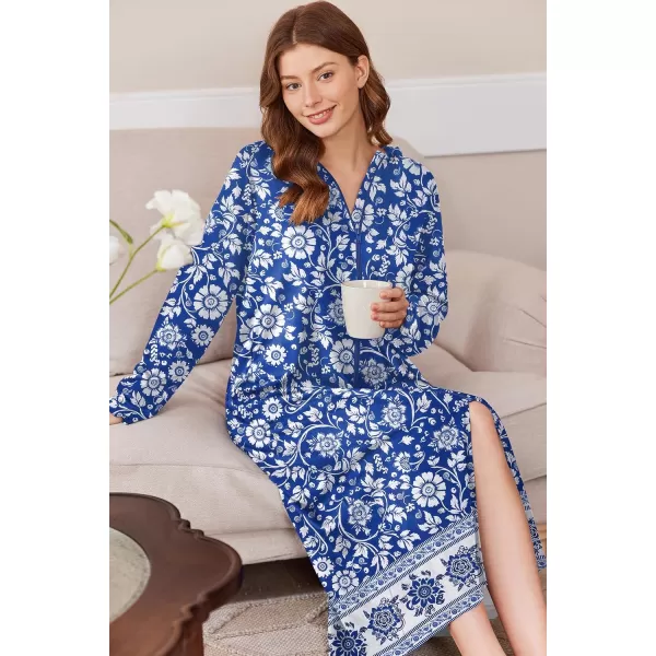 imageEkouaer Robe for Women Zipper Robe Loungewear Full Length Sleepwear Pockets Housecoat Casual Straight Robe SXXLBlueWhite Flowers