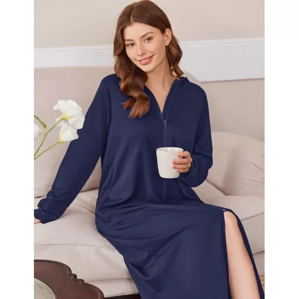 imageEkouaer Robe for Women Zipper Robe Loungewear Full Length Sleepwear Pockets Housecoat Casual Straight Robe SXXLDark Blue