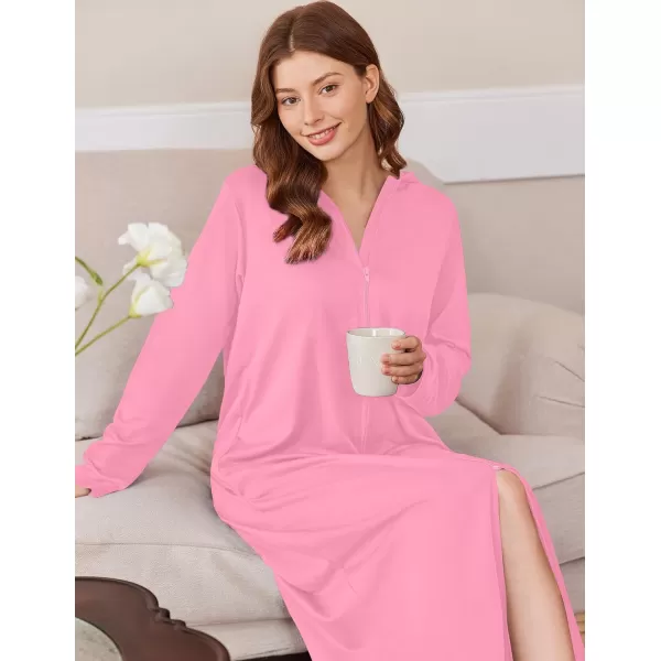 imageEkouaer Robe for Women Zipper Robe Loungewear Full Length Sleepwear Pockets Housecoat Casual Straight Robe SXXLPink