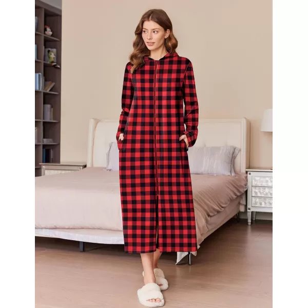 imageEkouaer Robe for Women Zipper Robe Loungewear Full Length Sleepwear Pockets Housecoat Casual Straight Robe SXXLRed Black Plaid