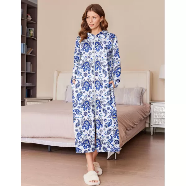 imageEkouaer Robe for Women Zipper Robe Loungewear Full Length Sleepwear Pockets Housecoat Casual Straight Robe SXXLWhite Blue Flower