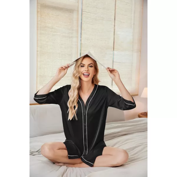 imageEkouaer Satin Button Down Nightgown Women 34 Sleeve Silk Sleepshirt VNeck Boyfriend Nightshirt SXXLBlack